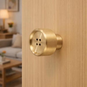 May include: A brass door knob with a button-like design, featuring four small holes. The knob is mounted on a light-colored wooden door, with a glimpse of a living room in the background.