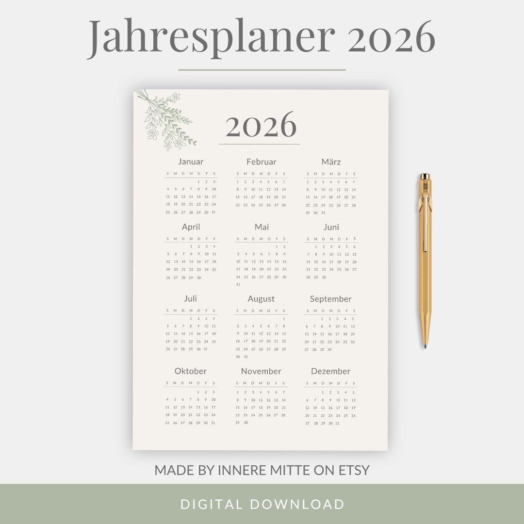 Jahresplaner 2026 Digital | Printable Kalender 2026 | A4 A5 Letter Half