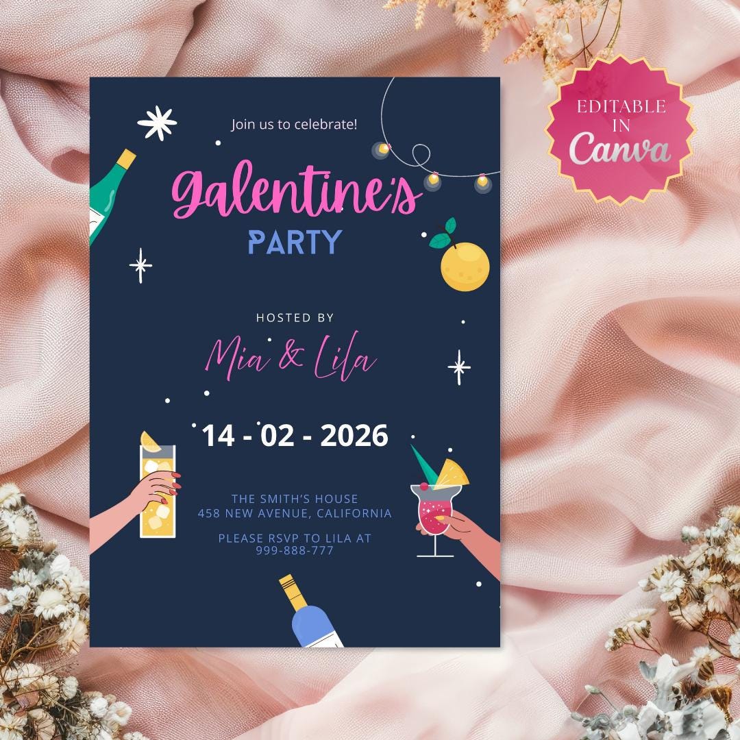 Galentine's Day Invitation Card Template, in Pink, Printable, Editable