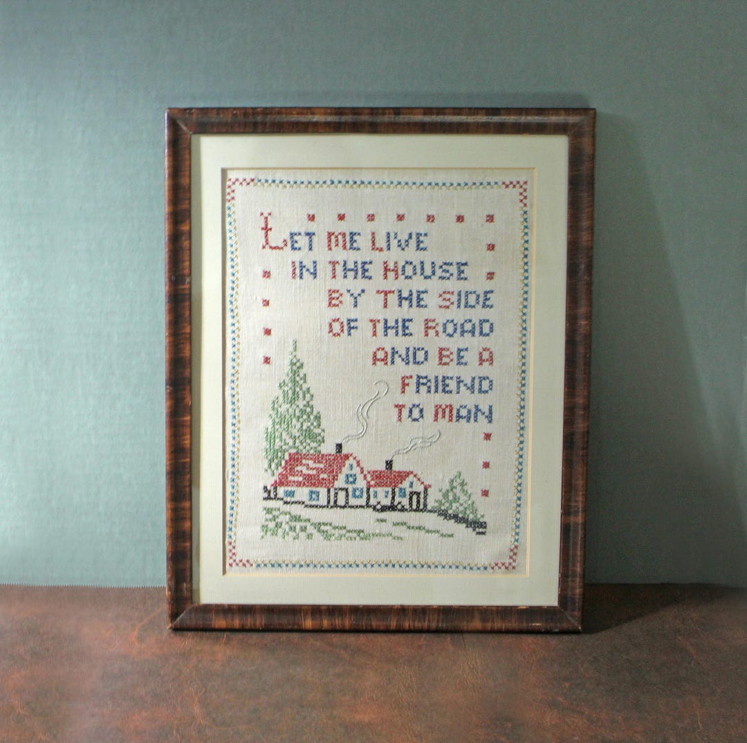 Curated visual reference: Gallery Detail: Vintage Framed Cross Stitch Sampler Folk Art House Trees Needlepoint