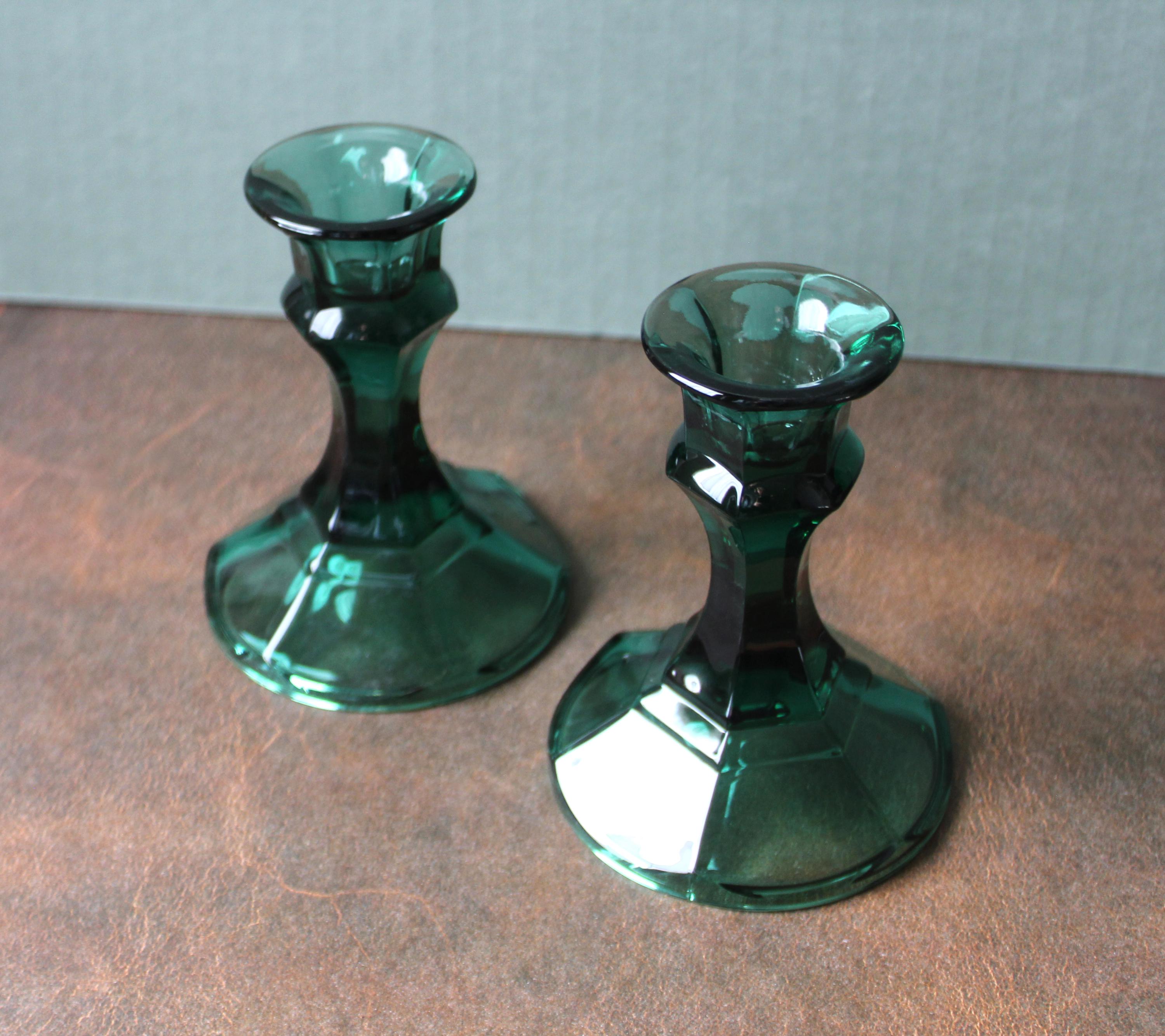 Pair of Vintage Emerald Green Glass Candlestick Holders – Art Deco ...