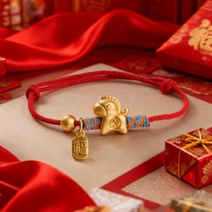 Op de afbeelding: Gouden armband met paardenbedel en rood koord. De armband heeft een klein gouden paard, een gouden kraal en een gouden label met Chinese karakters. De paardenbedel is geaccentueerd met blauw en oranje draad.