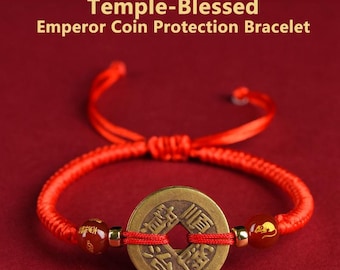 Pulsera con monedas de los cinco emperadores bendecida por el templo / Cordón rojo de protección, amuleto de riqueza Feng Shui