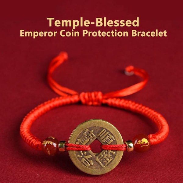 Bracciale con monete dei Cinque Imperatori benedette dal tempio / Cordino rosso di protezione, amuleto di ricchezza Feng Shui