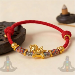 Pulsera de hilo rojo con unicornio dorado, protección de la suerte, joyería espiritual, pulsera de la amistad ajustable.