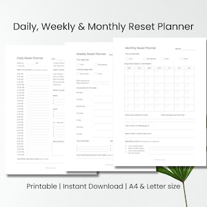 May include: Three white printable planner pages with the text "Daily, Weekly & Monthly Reset Planner". The pages include sections for daily, weekly, and monthly planning. The bottom of the image reads "Printable | Instant Download | A4 & Letter size".