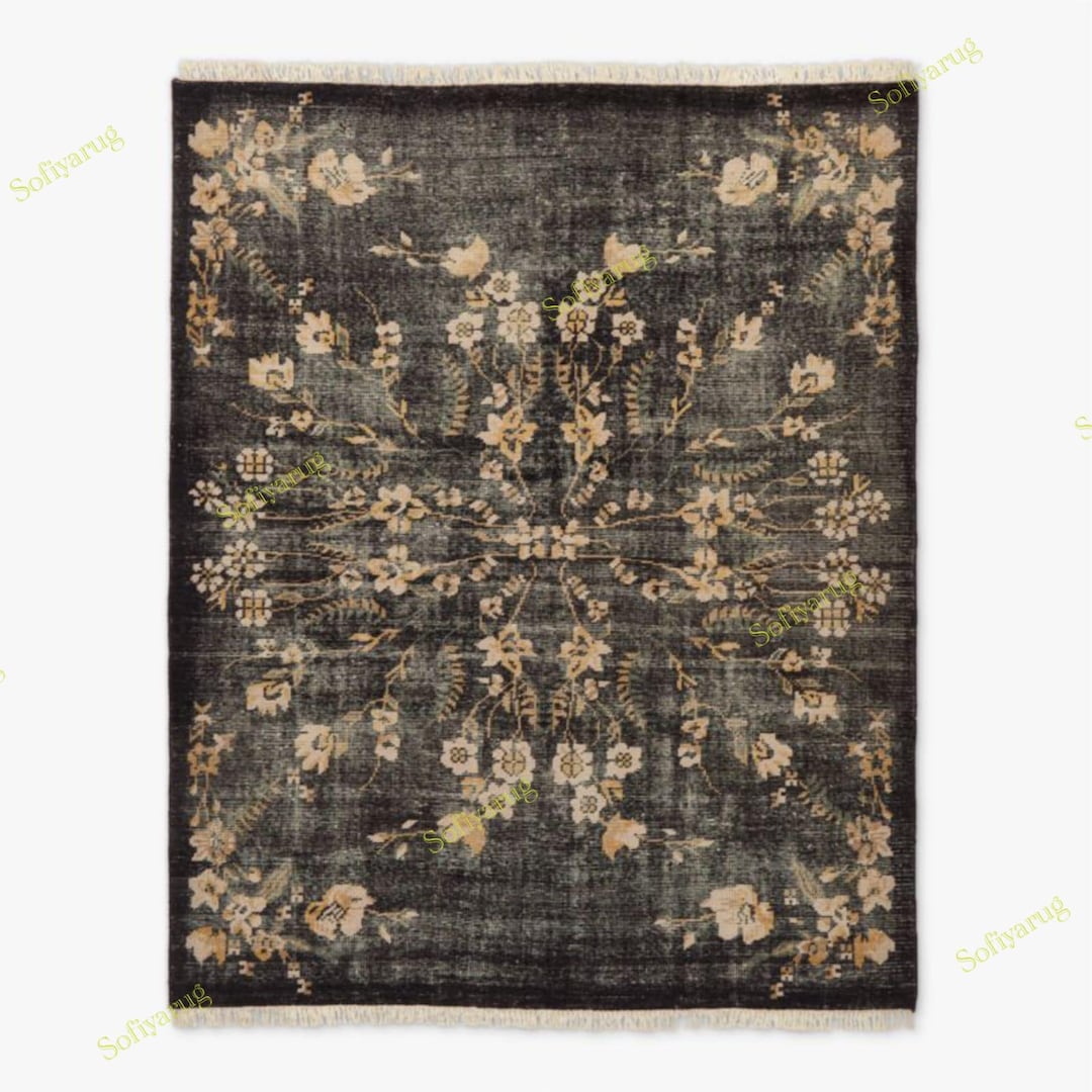 Lavish Hand Knotted Black Floral New Zealand Wool Area Rug – Elegant ...