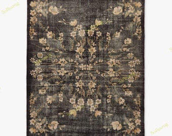 Lavish Hand Knotted Black Floral New Zealand  Wool Area Rug – Elegant Western Style Turkish Oushak Rug| Living Room ,Hallway Home Decor