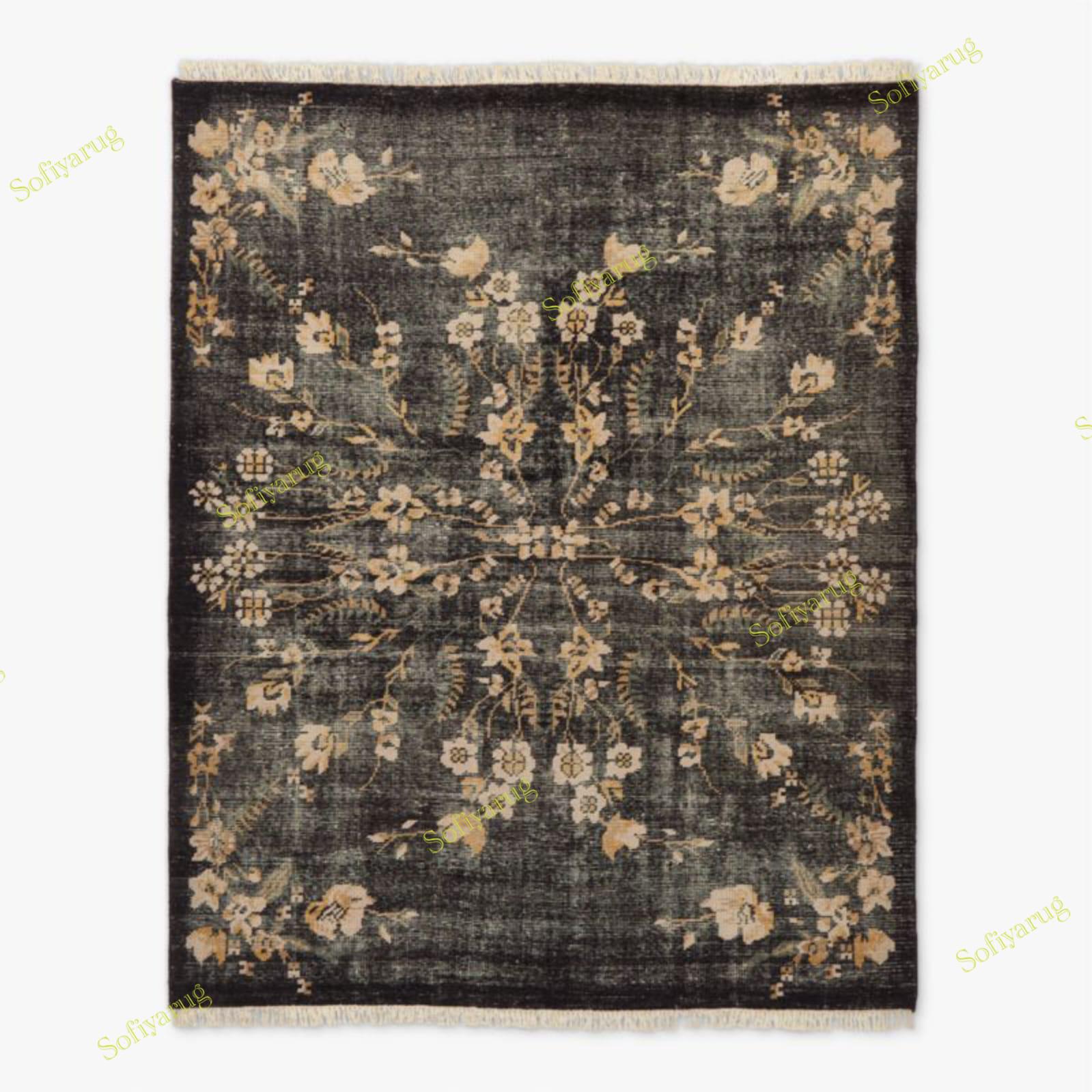 Lavish Hand Knotted Black Floral New Zealand Wool Area Rug – Elegant ...