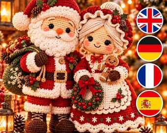 Patrón de ganchillo en PDF de Papá Noel y Mamá Noel, pareja de amigurumis navideños, muñeco de Papá Noel y galleta de jengibre, decoración navideña, 4 idiomas