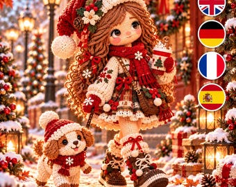 Patrón de ganchillo en PDF para niña y cachorro navideños, muñeca amigurumi navideña, muñeca de ganchillo de invierno, patrón de cachorro festivo, 4 idiomas