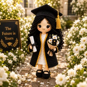 Può includere: Bambola all'uncinetto vestita con toga di laurea, cappello e con in mano un diploma e un bouquet. La bambola ha i capelli neri e si trova di fronte a un cartello con la scritta "The Future is Yours". Fiori bianchi circondano la bambola.