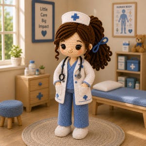 Virkad sjuksköterskedocka i PDF-format, Amigurumi medicinsk docka, virkmönster för sjuksköterskor, present till sjukvården