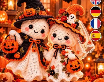 Patrón de ganchillo en PDF para pareja de novios fantasmas de Halloween, fantasmas amigurumi de novios, sombreros de bruja, decoración de calabazas, 4 idiomas