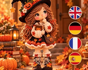 Patrón de ganchillo de bruja otoñal en PDF, muñeca amigurumi de Halloween, patrón de ganchillo de muñeca bruja, decoración de ganchillo otoñal, 4 idiomas