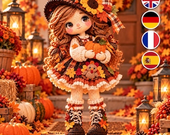 Patrón de ganchillo en PDF para muñeca de cosecha de otoño, amigurumi de niña calabaza, muñeca de ganchillo para Acción de Gracias, decoración de girasoles para otoño, 4 idiomas