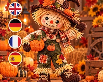Patrón de ganchillo PDF de espantapájaros de cosecha, muñeco amigurumi de otoño, patrón de espantapájaros de calabaza, decoración de cosecha de otoño, descarga digital