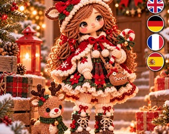 Patrón de ganchillo para niña reno navideña en PDF, muñeca amigurumi navideña, muñeca con capucha de reno, ganchillo de bastón de caramelo, 4 idiomas