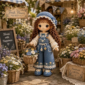 Puede incluir: Muñeca de ganchillo hecha a mano con cabello castaño rizado, vestida con un mono vaquero azul con detalles florales, un sombrero a juego y sosteniendo una cesta de flores. La muñeca está en una floristería con letreros que dicen "Fresh Flowers" y "Bloom with Happiness."