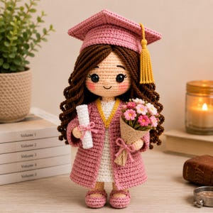 Peut inclure: Poupée au crochet faite à la main, vêtue d'une robe et d'un chapeau de remise de diplôme. La poupée a des cheveux bruns bouclés, des joues roses et tient un diplôme et un bouquet de fleurs roses et blanches. Le chapeau de graduation a un gland jaune. La poupée porte une robe et des chaussures roses.