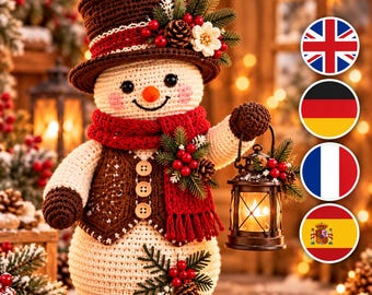 Patrón de ganchillo de muñeco de nieve en PDF, muñeco de nieve amigurumi navideño con farol, decoración navideña de invierno, 4 idiomas