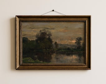 Evening River Scene Oil Painting | Moody Landscape Wall Art | Instant Download