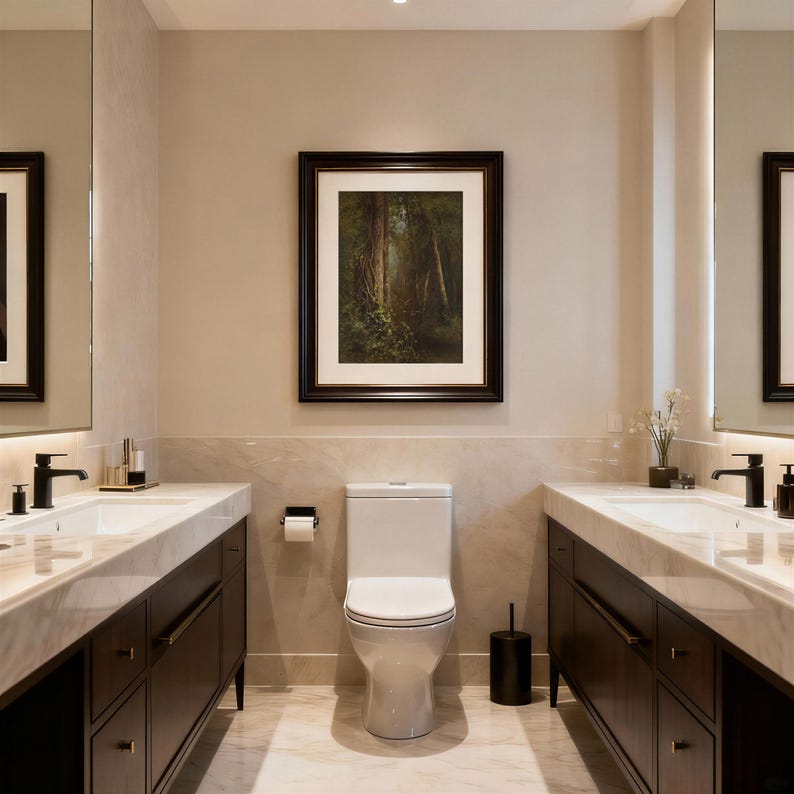 May include: A modern bathroom with a white toilet, dark wood cabinets, and marble countertops. A framed forest painting hangs above the toilet. The room features two sinks, mirrors, and black fixtures.