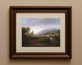 Pastoraal landschap bij zonsondergang | Antiek olieverfschilderij | Tijdloze muurkunst
