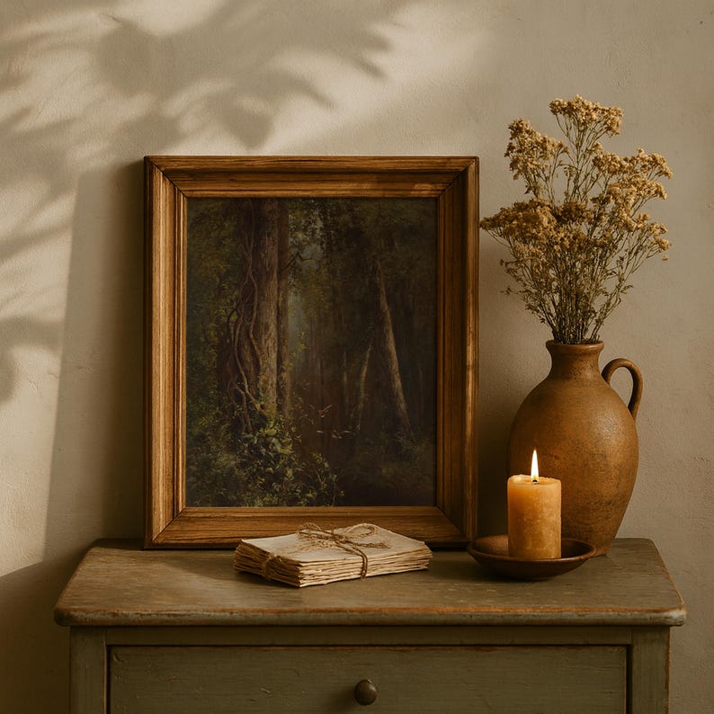 May include: A framed landscape painting with a wooden frame, depicting a forest scene with tall trees and sunlight. A stack of aged paper tied with twine, a lit candle, and a brown vase with dried flowers sit on a weathered wooden table.