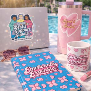 May include: A selection of pink and blue stationery and accessories, including a notebook with the text "Emotionally Expensive", a mug, a tumbler, and a laptop with a sticker that says "Bestie Support Squad".