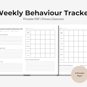 May include: A printable PDF, "Weekly Behaviour Tracker", designed for primary classrooms. The document features sections for observing student behaviour, strategies, and follow-up actions. The design is minimalist, with a white background and black text. The image shows 4 printable pages.