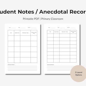 Puede incluir: Dos documentos PDF imprimibles para notas de estudiantes y registros anecdóticos. Los documentos son blancos con líneas y texto en negro. El texto incluye "Student Notes / Anecdotal Records", "Printable PDF | Primary Classroom" y "2 Layout Options".