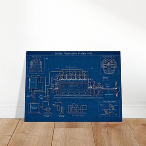 Pode incluir: Um projeto técnico azul intitulado Diesel Propulsion System 1912, apresentando desenhos de linha detalhados de um motor marítimo, tanque de combustível, tanque de óleo e eixo da hélice com etiquetas para componentes como a bomba injetora.