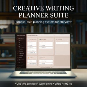 May include: A laptop displaying the "Creative Writing Planner Suite" interface. The screen shows a planning system for storycraft, with sections for story structure, story bible, and creativity. The laptop is on a wooden surface, with a blurred bookshelf background.