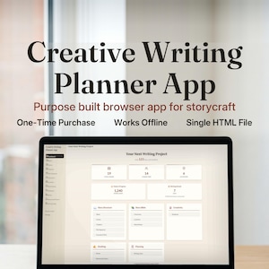 May include: A laptop screen displaying the Creative Writing Planner App interface with a dashboard showing statistics for scenes, characters, and locations. Text includes Creative Writing Planner App, Purpose built browser app for storycraft, One-Time Purchase, Works Offline, and Single HTML File.