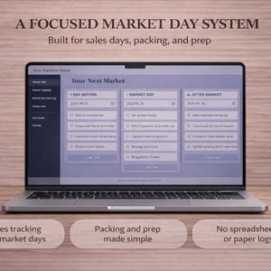 Puede incluir: Un ordenador port&aacute;til que muestra una interfaz de sistema de d&iacute;a de mercado, con el texto "A Focused Market Day System" y "Built for sales days, packing, and prep." La pantalla muestra un dise&ntilde;o de gesti&oacute;n de tareas. Debajo est&aacute;n las frases: "Sales tracking for market days", "Packing and prep made simple" y "No spreadsheets or paper logs."