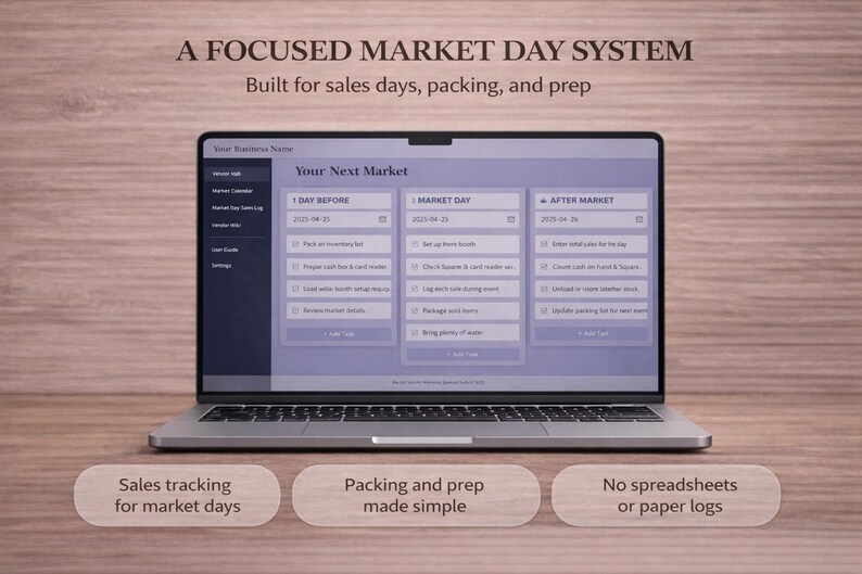 Puede incluir: Un ordenador port&aacute;til que muestra una interfaz de sistema de d&iacute;a de mercado, con el texto "A Focused Market Day System" y "Built for sales days, packing, and prep." La pantalla muestra un dise&ntilde;o de gesti&oacute;n de tareas. Debajo est&aacute;n las frases: "Sales tracking for market days", "Packing and prep made simple" y "No spreadsheets or paper logs."