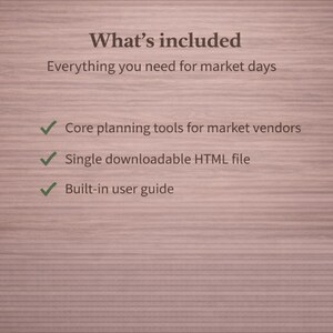 Puede incluir: Texto sobre un fondo de madera que dice "Qu&eacute; est&aacute; incluido" y una lista: "Todo lo que necesitas para los d&iacute;as de mercado", "Herramientas de planificaci&oacute;n b&aacute;sicas para vendedores del mercado", "Archivo HTML descargable &uacute;nico" y "Gu&iacute;a de usuario integrada".