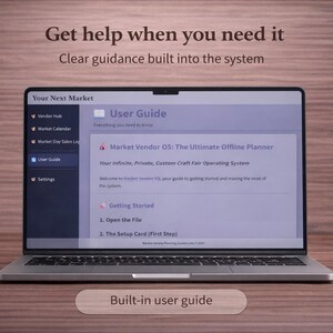 Puede incluir: Un port&aacute;til muestra una gu&iacute;a del usuario para "Market Vendor OS: The Ultimate Offline Planner." La pantalla muestra instrucciones y un men&uacute; a la izquierda. El texto "Get help when you need it" est&aacute; en la parte superior, con "Built-in user guide" en la parte inferior.