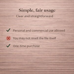 Puede incluir: Imagen con texto sobre un fondo de vetas de madera. El texto dice "Simple, fair usage" y "Clear and straightforward". Texto adicional indica "Personal and commercial use allowed", "You may not resell the file itself" y "One-time purchase".