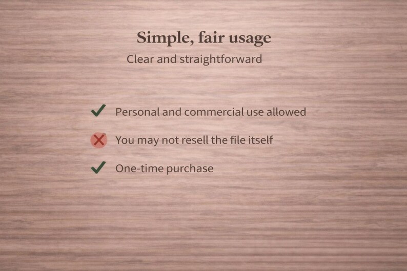 Puede incluir: Imagen con texto sobre un fondo de vetas de madera. El texto dice "Simple, fair usage" y "Clear and straightforward". Texto adicional indica "Personal and commercial use allowed", "You may not resell the file itself" y "One-time purchase".