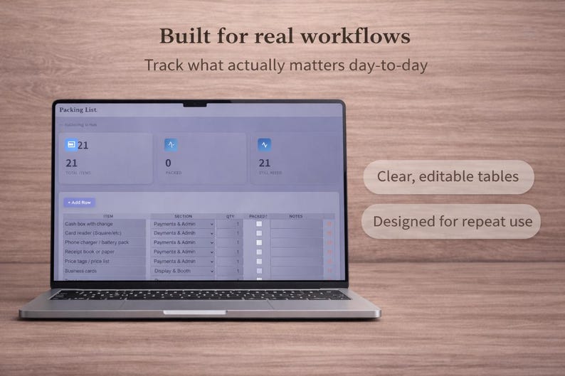 Puede incluir: Un ordenador port&aacute;til que muestra una interfaz de lista de embalaje con el texto "Built for real workflows" y "Track what actually matters day-to-day". La pantalla muestra tablas claras y editables dise&ntilde;adas para uso repetido.