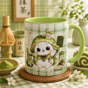 Merochi Dango Matcha Mug, Kawaii Japanese Ceramic Cup, Green Tea Lover Gift (11 oz)