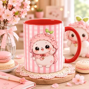 Sakura Merochi Dango Character Coffee Mug, Pastel Floral Whimsical Desk Decor (11oz)