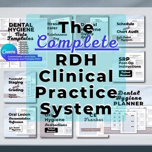 Könnte beinhalten: Eine Sammlung digitaler Vorlagen für die Dentalhygiene und klinische Praxisdokumente. Das Set enthält Seiten für die parodontale Stadieneinteilung, die Dokumentation von Mundläsionen, postoperative Anweisungen und einen Dentalhygiene-Planer.