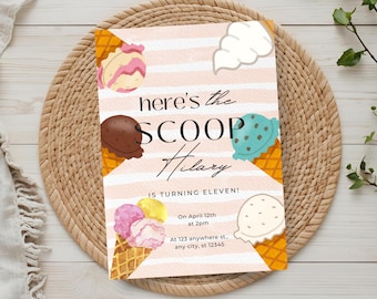 May include: An ice cream-themed birthday invitation with the text "here's the SCOOP Hilary is turning eleven!" The invitation features watercolor illustrations of ice cream cones in various flavors and is set against a pink and white striped background.