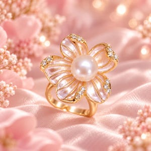 Freshwater Pearl Flower Ring, Pink Floral Statement Ring, Sparkly Romantic Jewelry, Gift for Her