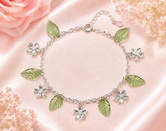 Armband aus 925er Sterlingsilber mit grünen Blatt- und Blütenanhängern, Naturschmuck, Geschenk für Sie