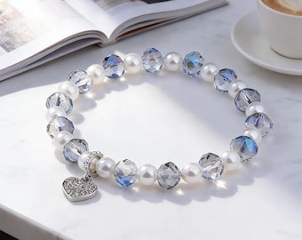 Ice Blue Crystal Heart Bracelet, Elegant Handmade Jewelry, Minimalist Everyday Bracelet, Valentine’s Day Gift for Her