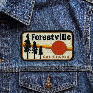 Vintage Forestville California Patch, Retro Pine Tree Travel Souvenir Embroidered Iron On Badge, NorCal Nature Applique for Jackets